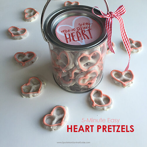 For Valentine's day make 5 Minutes Easy Heart Pretzels, grab a cute little container, attach the free printable label and your treats are ready to give!